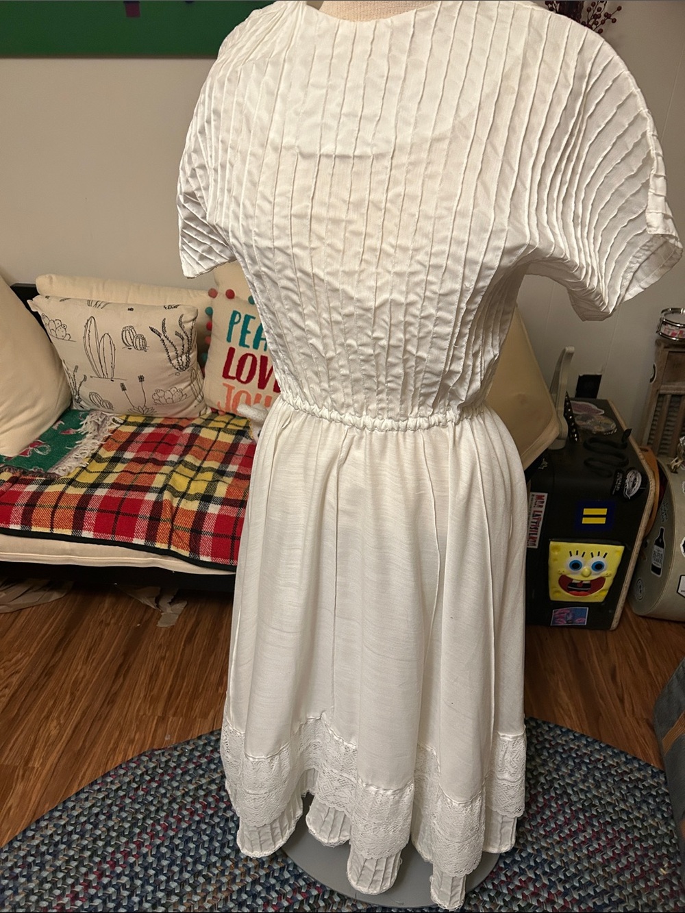 White Pleated Bodice Midi Dress